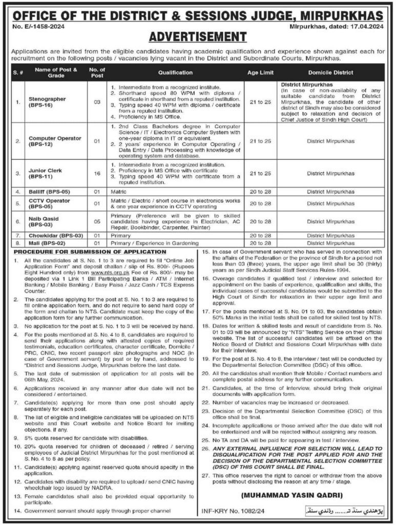 District and Session Judge Mirpurkhas Jobs