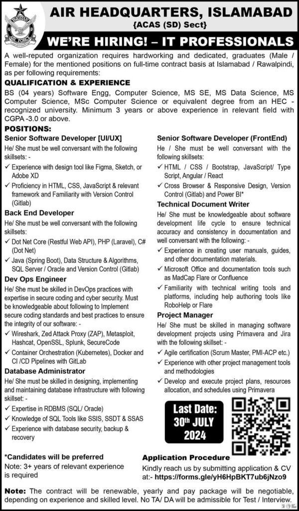 Air Headquarters Islamabad hiring IT professionals